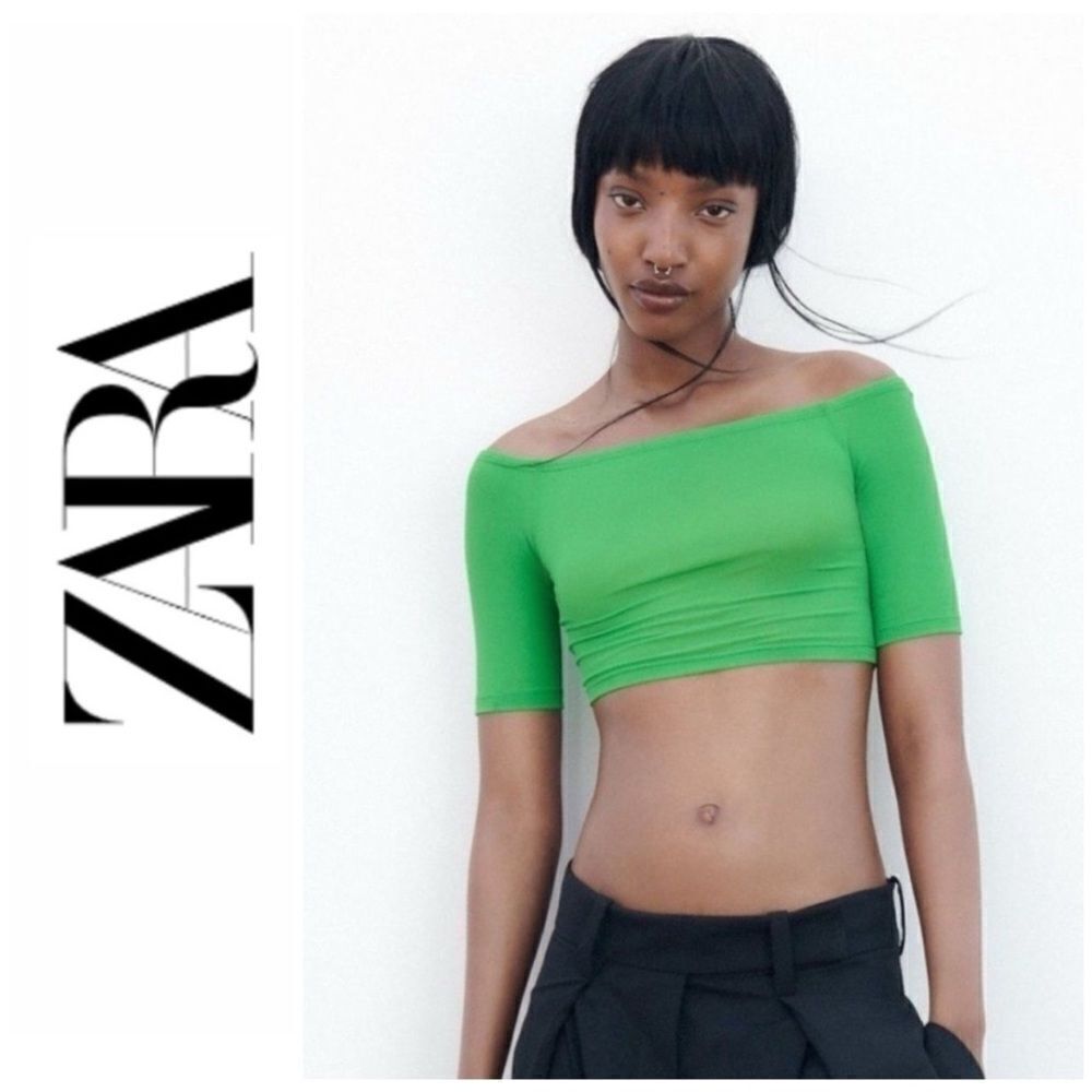 NWOT Zara Blogger’s Favorite Green Off-the-Shoulder Cropped Top, Size Small